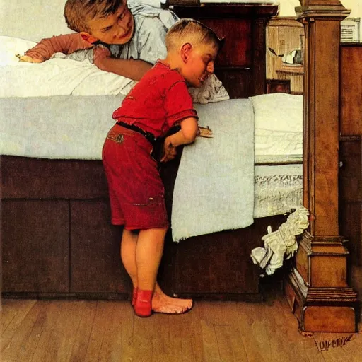 Image similar to A kid waking up his older brother, art by Norman Rockwell