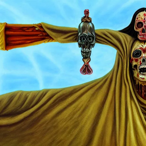 Prompt: santa muerte being awakened by a mexican death cult through a ritual, by anton semenov and amanda sage and guillermo del torro in a surreal dark horror style, oil on canvas, 8k, hd,