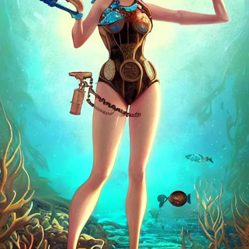 Image similar to lofi underwater bioshock steampunk portrait, Pixar style, wearing swimsuit, by Tristan Eaton Stanley Artgerm and Tom Bagshaw.