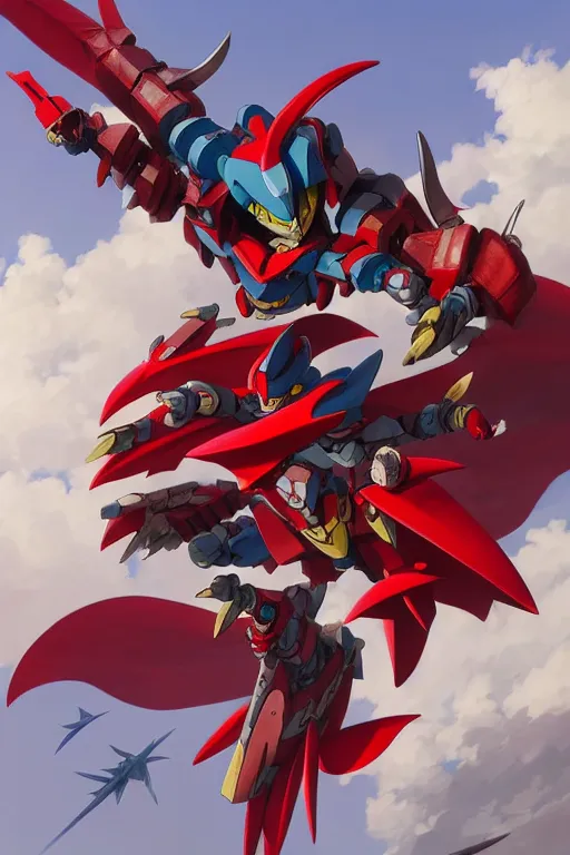 Prompt: getter robo in flight, highly detailed, d & d, fantasy, highly detailed, digital painting, trending on artstation, concept art, sharp focus, illustration, global illumination, ray tracing, realistic shaded, art by artgerm and greg rutkowski and fuji choko and viktoria gavrilenko and hoang lap, sunny