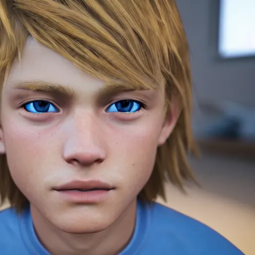 Prompt: a detailed portrait of boy with blonde hair and blue eyes, unreal engine 5 rendered, incredibly highly detailed and realistic, 8 k, sharp focus, studio quality