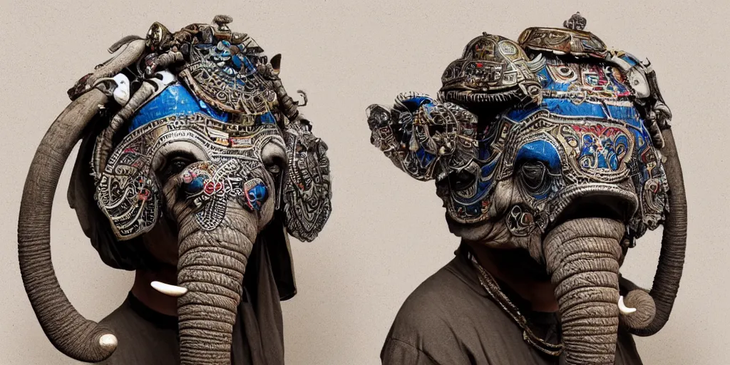 Prompt: a beautiful cyborg made of ceremonial elephant maske