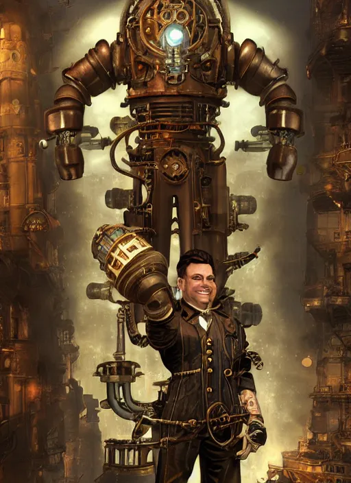 Image similar to steampunk bioshock jeff bezos is a muscular bodybuilder, au naturel, hyper detailed, digital art, trending in artstation, cinematic lighting, studio quality, smooth render, unreal engine 5 rendered, octane rendered, art style by klimt and nixeu and ian sprigger and wlop and krenz cushart.