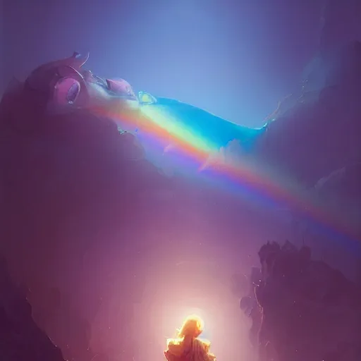 Image similar to A beautiful shiny rainbow with a smiling face, illustrated by Greg Rutkowski and Gaston Bussiere, grim lighting, beautiful volumetric lighting, misty atmosphere, Trending on artstation, 4k, 8k