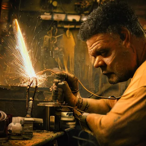 Image similar to half rusted old egg beater half stun - gun, balding older cyborg repairing, red hot soldering iron, dark messy smoke - filled cluttered workshop, dark, dramatic lighting, orange tint, cinematic, highly detailed, sci - fi, futuristic, movie still from blade runner