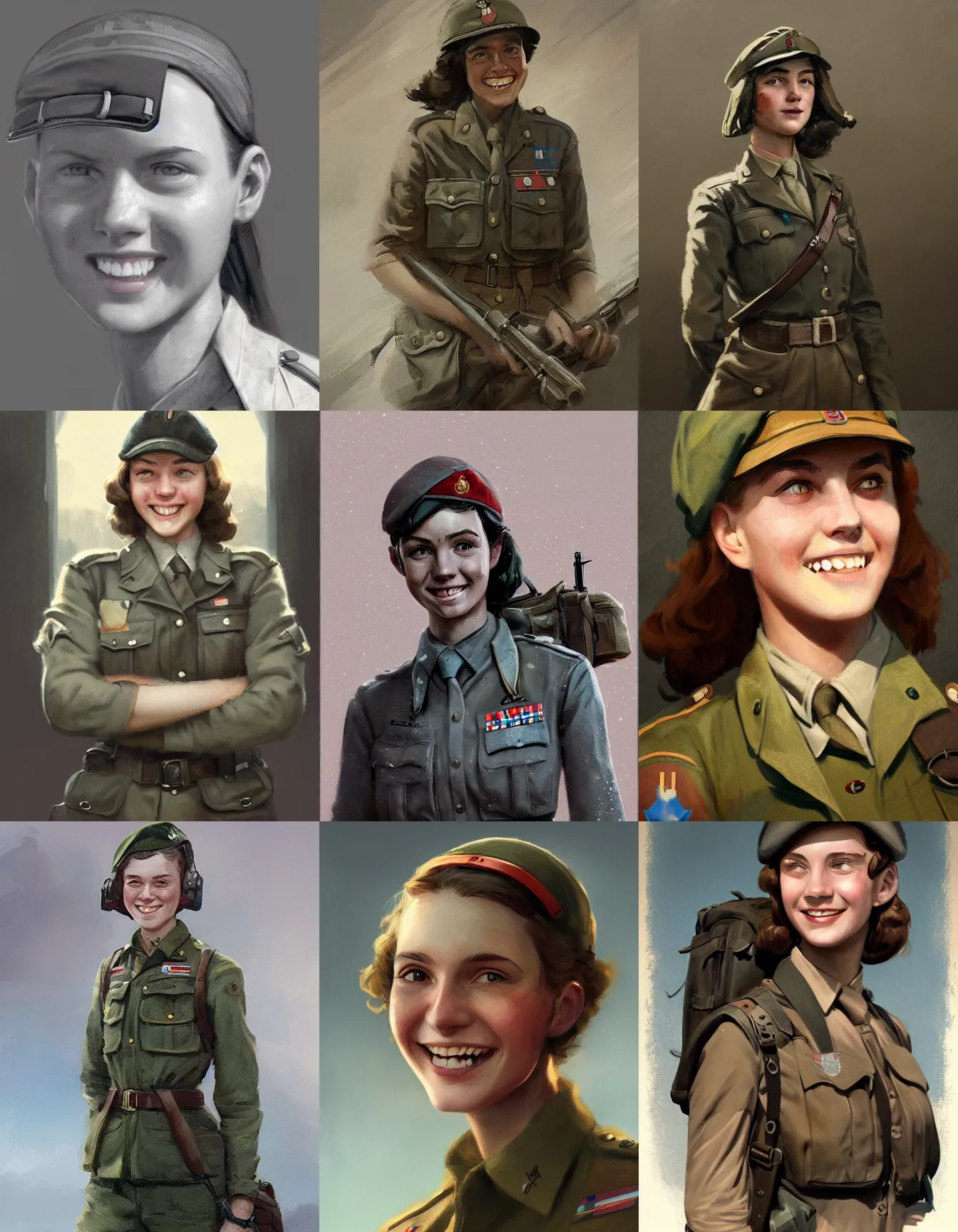 Prompt: teenage female ww 2 soldier, smiling, digital portrait by greg rutkowski, intricate, sharp focus, cinematic, epic, artstation