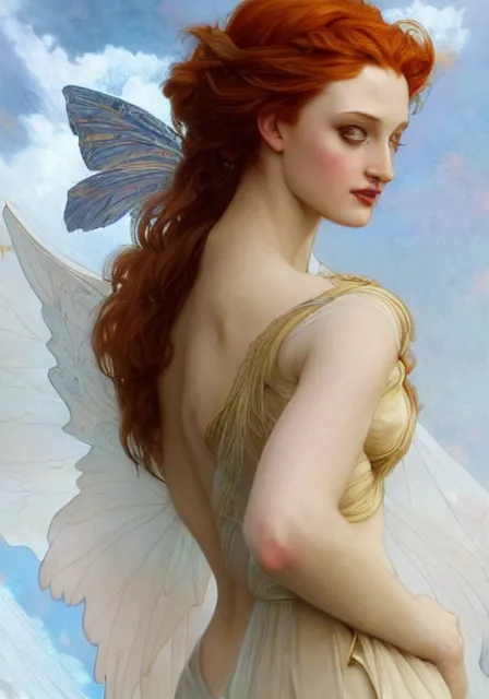 Image similar to sansa angeline jolie gessica chastain fairy, intricate, elegant, highly detailed, digital painting, artstation, concept art, smooth, sharp focus, illustration, art by artgerm and greg rutkowski and alphonse mucha and william - adolphe bouguereau