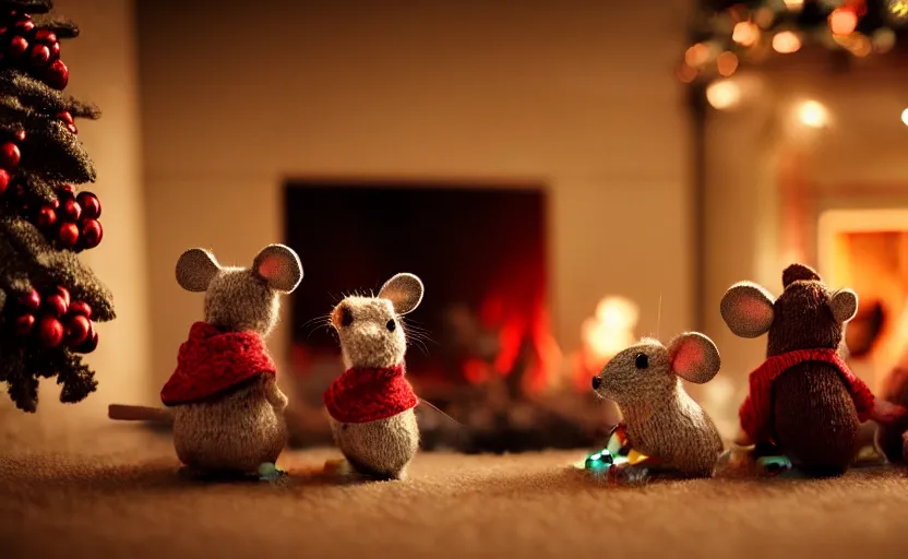 Prompt: a mouse family sitting in front of a cozy christmas fireplace wearing woolen sweater, cinematic lighting, dark atmosphere