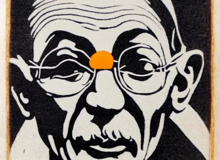 Prompt: a beautiful wood engraving on paper of gandhi