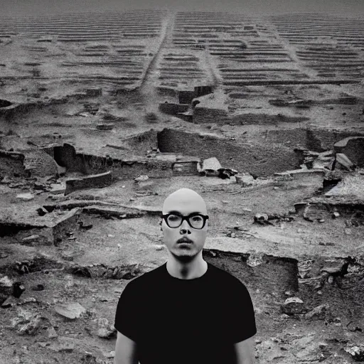 Image similar to beautiful portrait of anthony fantano, theneedledrop, standing in desolate empty brutalist ruins desert wasteland, close - up, painted by zdzislaw beksinski