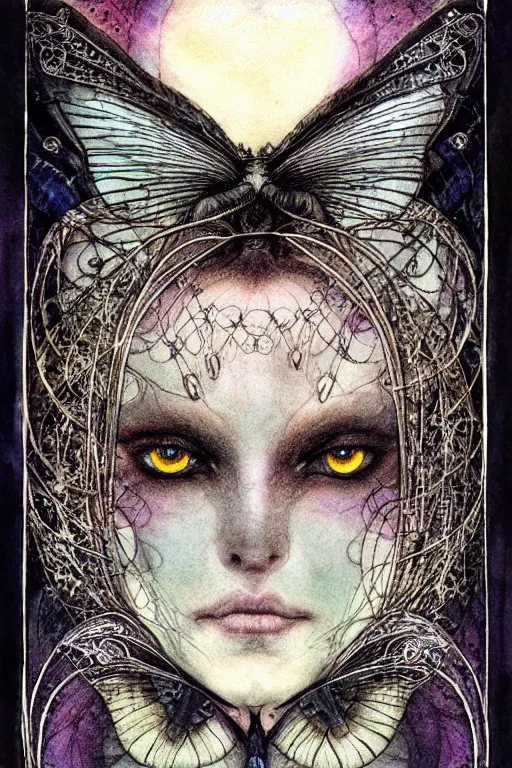 Image similar to dark fairy face closeup surrounded circular frame of moth wings, art by luis royo and walter crane and kay nielsen, watercolor illustration, ultra sharp focus