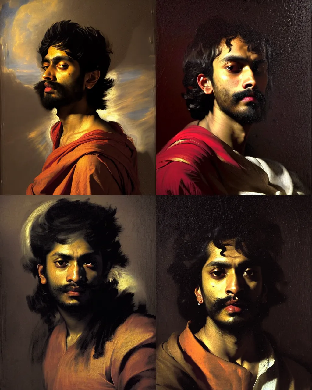 Prompt: a beautiful dramatic portrait of a spaced out indian stoner 2 5 years old boy, by anthony van dyck, by caravaggio, by by peter paul rubens, by greg rutkowski, trending on artstation, oil on canvas, rococo color scheme, dark background, masterpiece, cinematic composition, brilliant cold lighting, hyper - detailed, sharp, 8 k