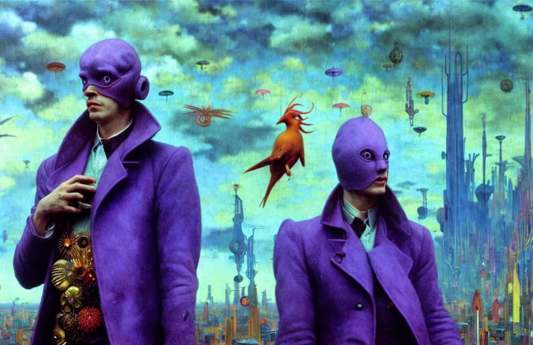 Prompt: realistic detailed portrait movie shot of a birdman wearing violet leather coat, sci fi city landscape background by denis villeneuve, amano, yves tanguy, alphonse mucha, ernst haeckel, max ernst, roger dean, masterpiece, rich moody colours, blue eyes