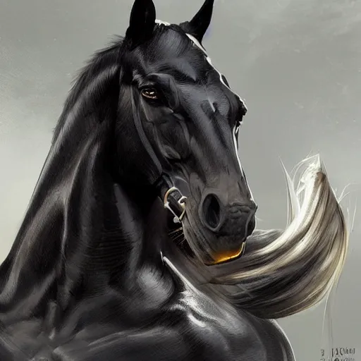 Prompt: an enormously muscular black - coated anthro horse at a research facility wearing skintight bodysuit highly detailed, digital painting, artstation, concept art, illustration, art by artgerm, greg rutkowski, wlop