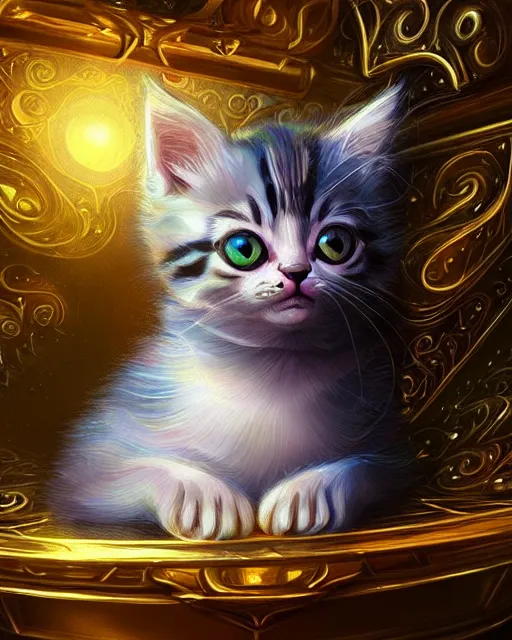 Prompt: cute kitten inside an ornate sail boat of iridescent liquid, alchemy, shiny plastic, intricate, bloom, detailed, volumetric lighting, sharp focus, photorealism, digital painting, highly detailed, concept art, by by artgerm and wlop