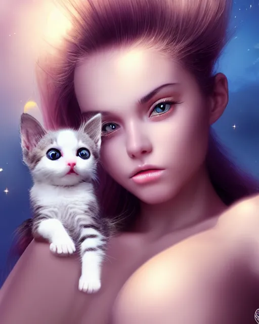 Image similar to a kitten on a rocket, photo, ultra detail, photoreal, professionally retouched, soft moonlight lighting, shiny plastic bikini, realistic, smooth face, goddess, luscious lips, perfect eyes, wide angle, sharp focus on eyes, 8 k high definition, insanely detailed, intricate, elegant, art by artgerm and wlop