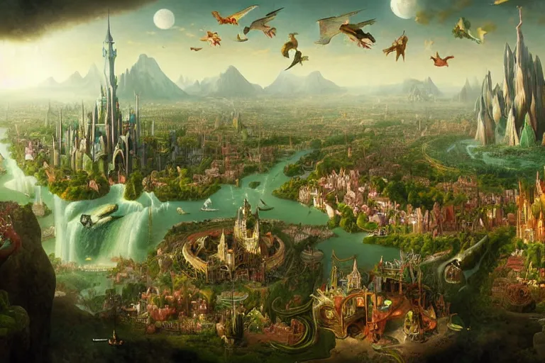 Image similar to a fantastic complex detailed matte painting of a magical city with many fanciful creatures by Heironymous Bosch