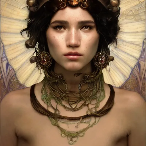 Image similar to Portrait of Princess Mononoke drawn by Donato Giancola and Tom Bagshaw, face by Artgerm, overall design by Alphonse Mucha, background by James Jean and Gustav Klimt, light by Julie Bell, 4k, porcelain skin, komorebi, french nouveau, trending on artstation, octane render, hyperrealistic