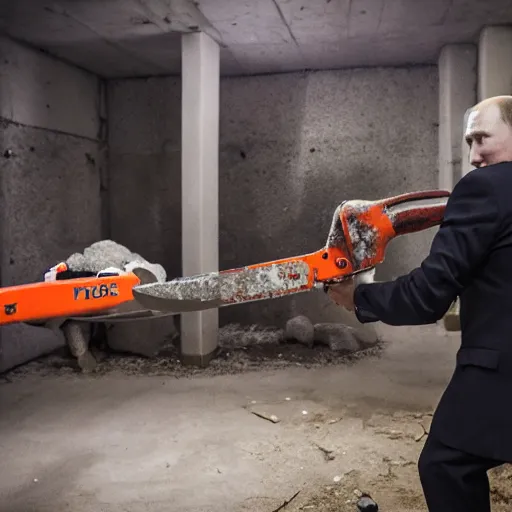 Image similar to putin with a chainsaw. in a concrete bunker with a pile of corpses. focus on putins face with blood splatters. canon eos r 3, f / 1. 4, iso 1 6 0 0, 1 / 8 0 s, 8 k, raw, grainy