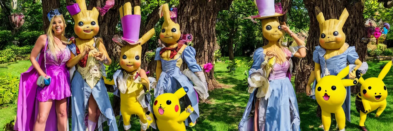 Image similar to groot and pikachu at the mad hatter tea party