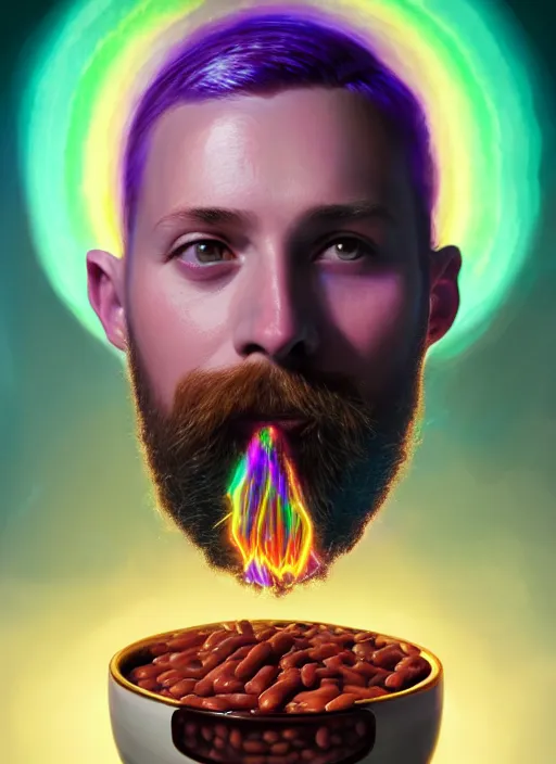 Image similar to portrait of a wizard eating baked beans and casting magical spells with rainbow energy, intricate, elegant, purple, glowing lights, highly detailed, digital painting, artstation, concept art, smooth, sharp focus, illustration, art by wlop, mars ravelo and greg rutkowski