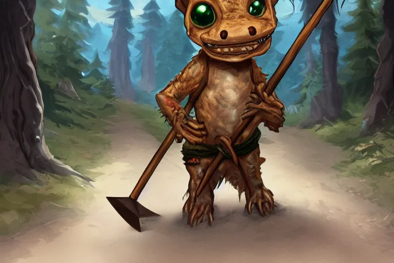 Prompt: a lone d & d kobold, traveling long dirt road, carrying a bindle on a stick, fantasy setting, 4 k, digital art 🎨🖌