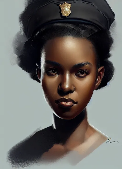 Image similar to full body portrait of young black woman as a police officer, police uniform, intricate, beautiful and elegant, highly detailed, digital painting, artstation, concept art, smooth, sharp focus, illustration, art by wlop, mars ravelo and greg rutkowski