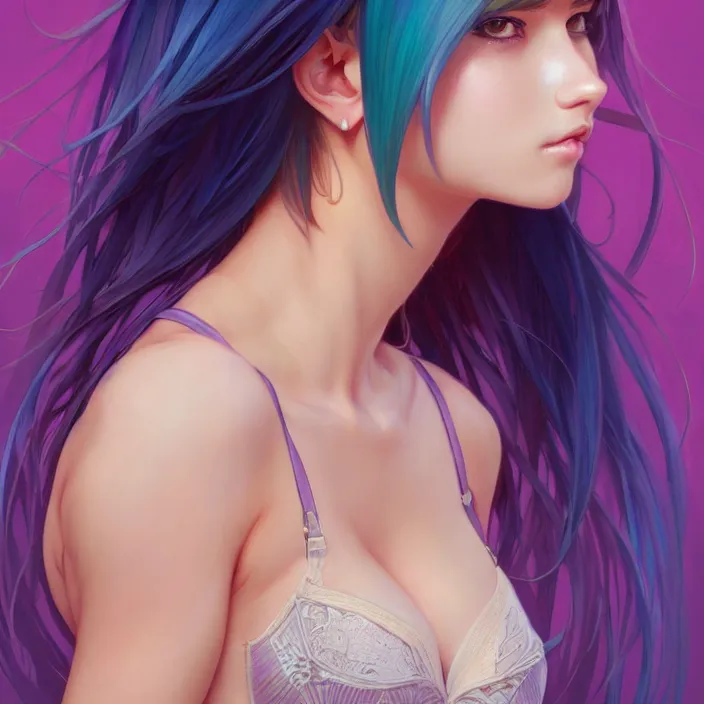 Image similar to full body portrait, a beautiful symmetrical gorgeous anime girl, rainbow hair, attractive, casual, modern, victoria's secret, highly detailed, digital painting, artstation, concept art, smooth, sharp focus, illustration, art by artgerm, greg rutkowski and alphonse mucha, 8 k,