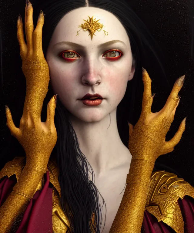 Image similar to hyperrealistic mixed media painting of a beautiful young female sorceress, stunning 3d render inspired art by P. Craig Russell and Barry Windsor-Smith + perfect facial symmetry + dim volumetric lighting, dark black hair, pale skin, ornate crimson robes with gold trim, dizzy, full body, confident heroic pose, 8k octane beautifully detailed render, post-processing, extremely hyperdetailed, intricate, epic composition, grim yet sparkling atmosphere, cinematic lighting + masterpiece, trending on artstation, very very detailed, masterpiece, stunning