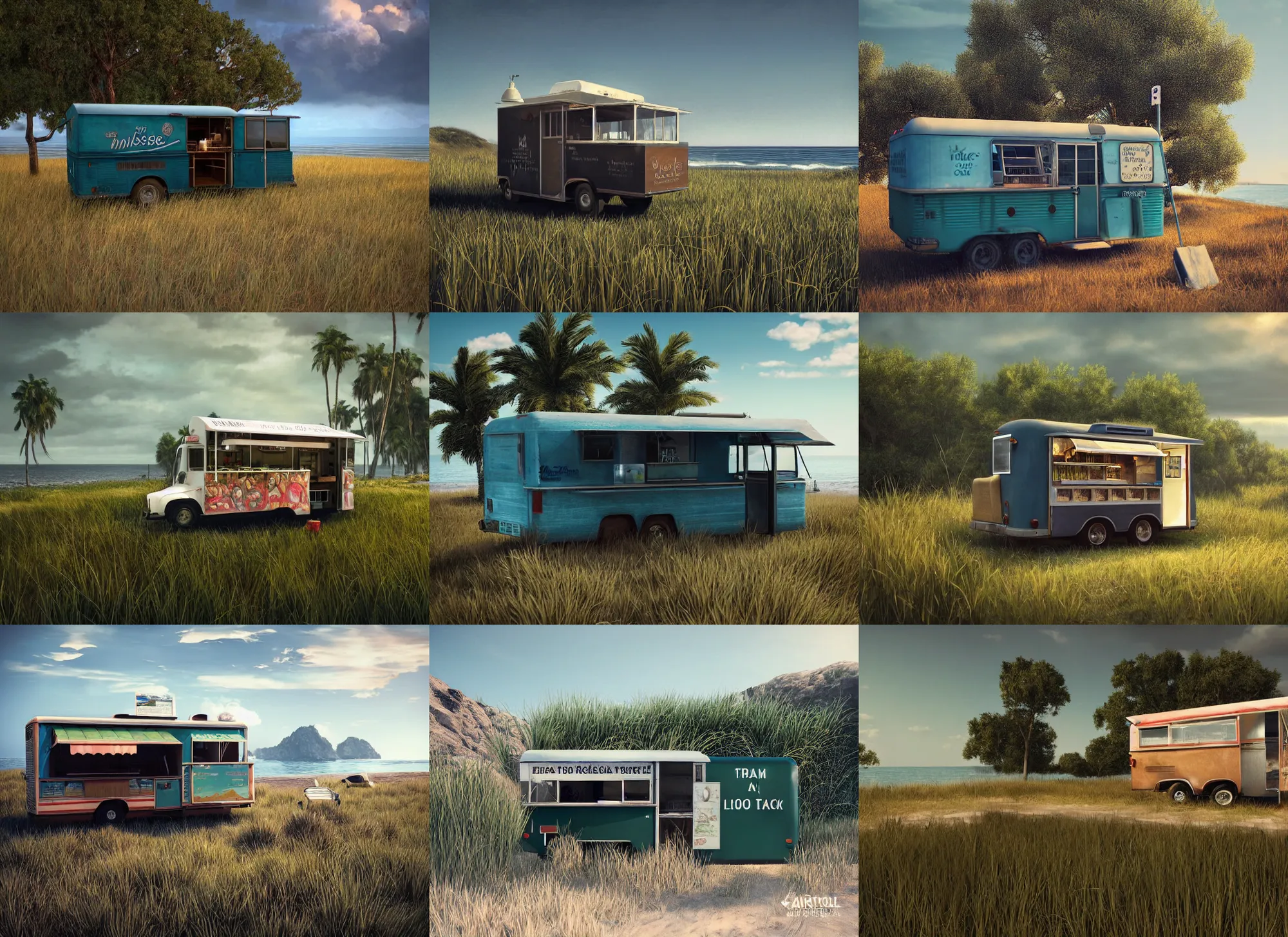 Prompt: lone food truck in the middle of nowhere, nothing but sea grass. epic cinematic hyperrealism masterpiece. realistic poster with shaded lighting by craig mallismo, artgerm, jeremy lipkin and michael garmash, unreal engine, radiant light, detailed and complex environment, octane photoreal 3 d render, art station trends