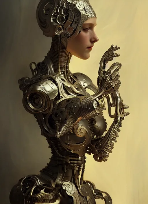 Image similar to ceramic cyborg, delft ceramic, diffuse lighting, fantasy, intricate, elegant, highly detailed, lifelike, photorealistic, digital painting, artstation, illustration, concept art, smooth, sharp focus, art by John Collier and Albert Aublet and Krenz Cushart and Artem Demura and Alphonse Mucha