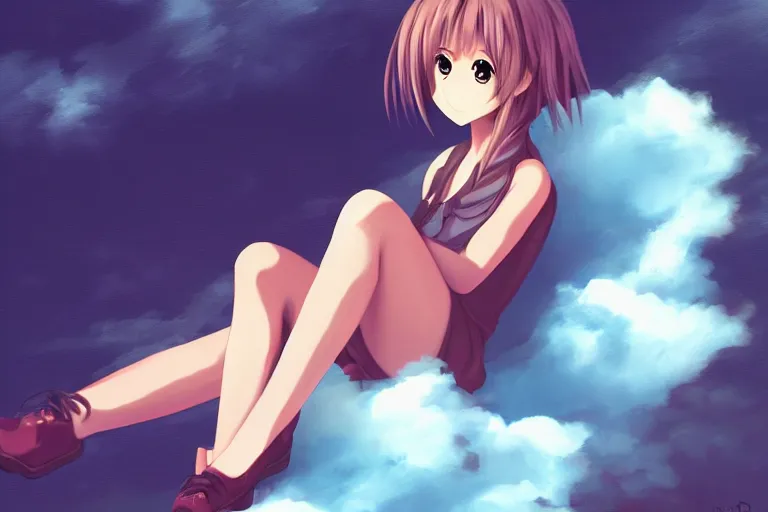 Image similar to a cute anime girl sitting on a cloud, digital painting, anime, portrait