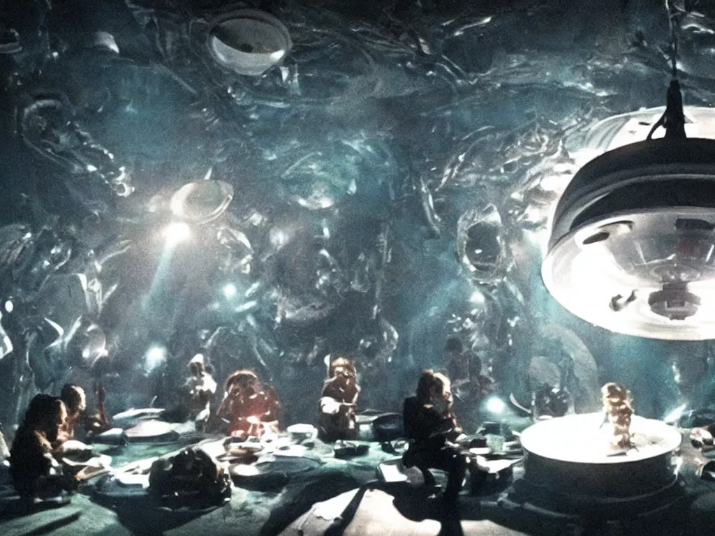 Image similar to a hidden camera shot of aliens having a party inside an ufo, cinematic masterpiece, beautiful lighting