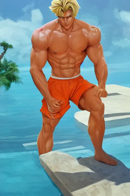 Prompt: a handsome man with blonde hair, ken doll, muscular, wearing a cut-off white top and short light orange shorts, stands by a swimming pool, facing forward, in the style of artgerm and moebius and annie liebovitz, photorealistic, highly detailed, trending on artstation