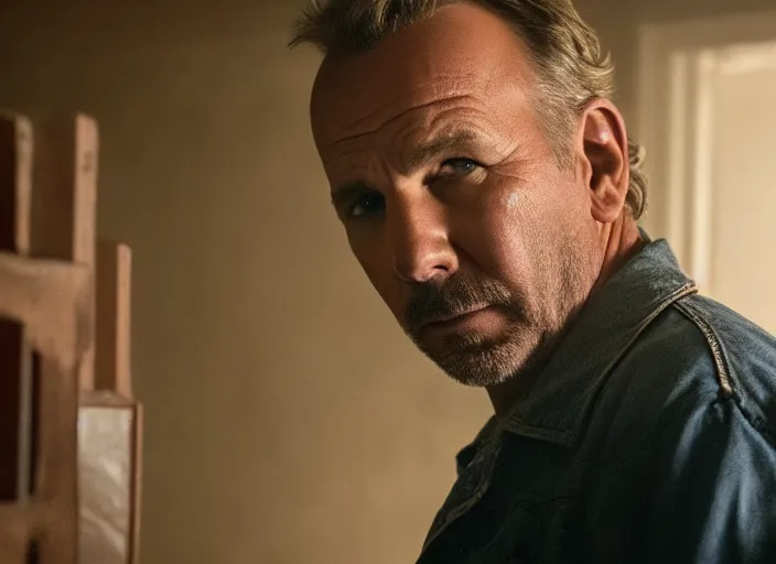 Image similar to film still of!!!!! kevin costner!!!!! as jim hopper in stranger things, 4 k