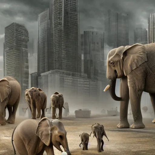 Prompt: apocalyptic city with baby elephants, photorealistic render