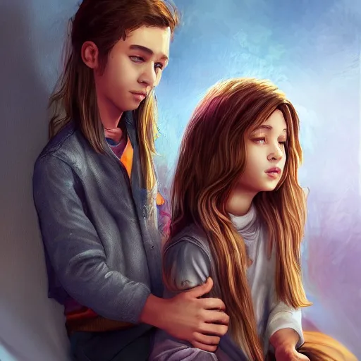 Prompt: a brother's life with his cute sister, photo realistic, dreamy, illustration, artstation, devainart, 8 k