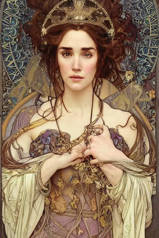 Prompt: realistic detailed face portrait of Jennifer Connelly as a Medieval Princess by Alphonse Mucha, Ayami Kojima, Amano, Charlie Bowater, Karol Bak, Greg Hildebrandt, Jean Delville, and Mark Brooks, Art Nouveau, Neo-Gothic, gothic, rich deep moody colors
