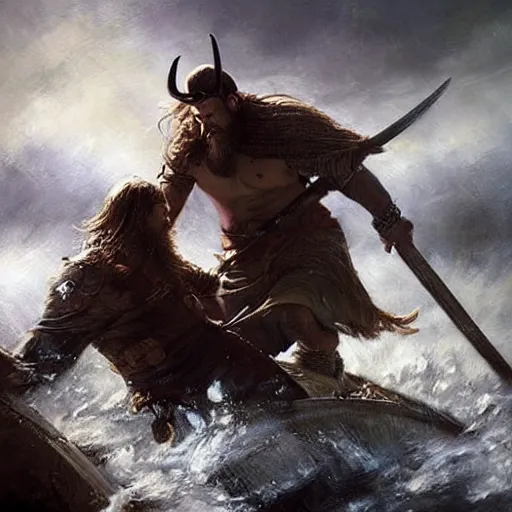 Prompt: a beautiful painting of a Viking attacking another man, by raymond swanland, featured on artstattion