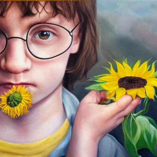 Prompt: hyperrealism portrait where harry potter appears holding and smelling a sunflower, in the background is the moon