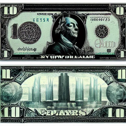 Image similar to new age album cover, asymmetrical design, dollar bank notes, capitalism, magic, apocalypse, psychedelic, black white pastel pink, slightly holographic, magic, giger h. r., peder balke