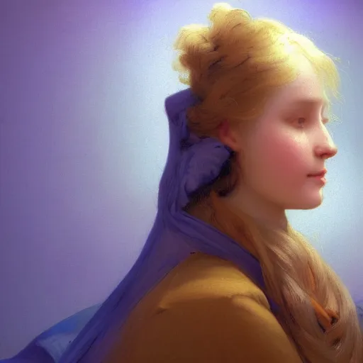 Image similar to a young woman's face, her hair is gold and she wears an cobalt blue satin cloak, by ivan aivazovsky and syd mead and moebius and gaston bussiere and roger dean and pieter claesz and paul delaroche and alma tadema and aelbert cuyp and willem claesz, hyperrealistic, volumetric light, octane render