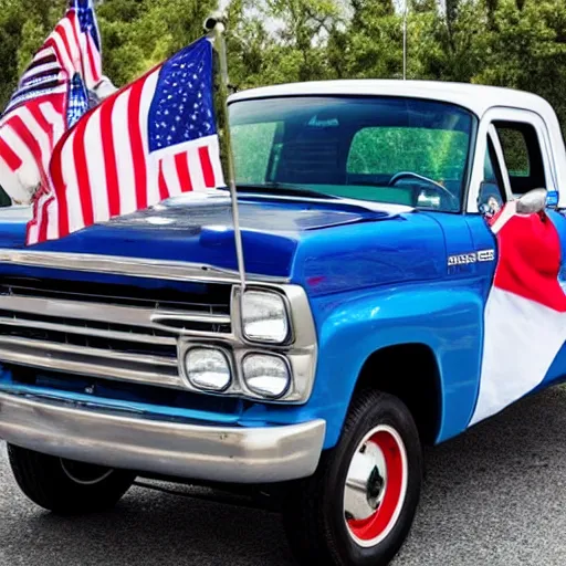 Image similar to photo of blue pickup truck with american flags, there are very attractive woman in the back of the truck whering bikinis.