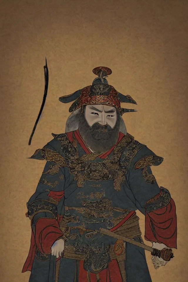 Image similar to a portrait of guan yu as a shiba inu, in the art style of han - era art, three kingdoms artsyle, artistic 4 k