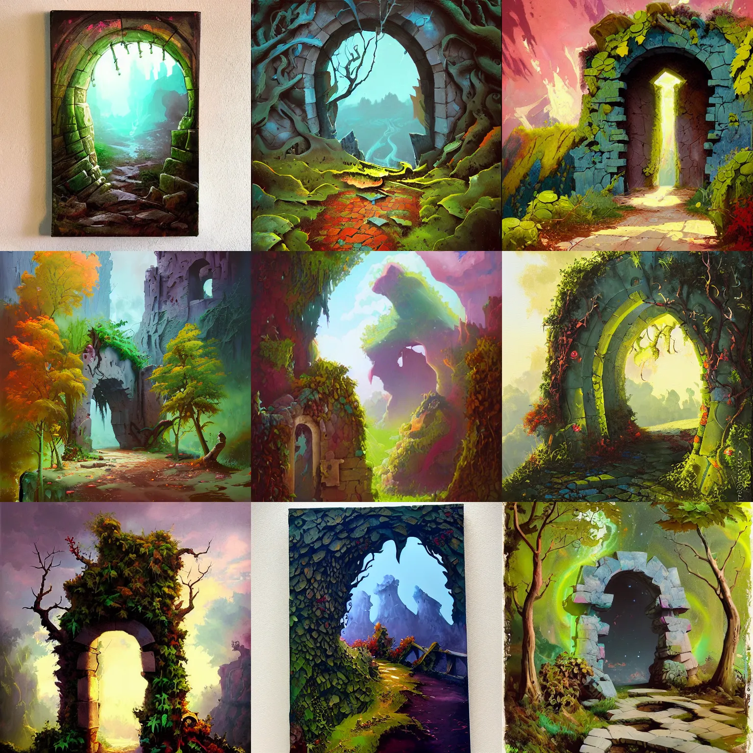 Prompt: colorful peter mohrbacher impasto!! acrylic painting of the slate stone gateway of a forgotten civilization. vines and creepers, stone etchings