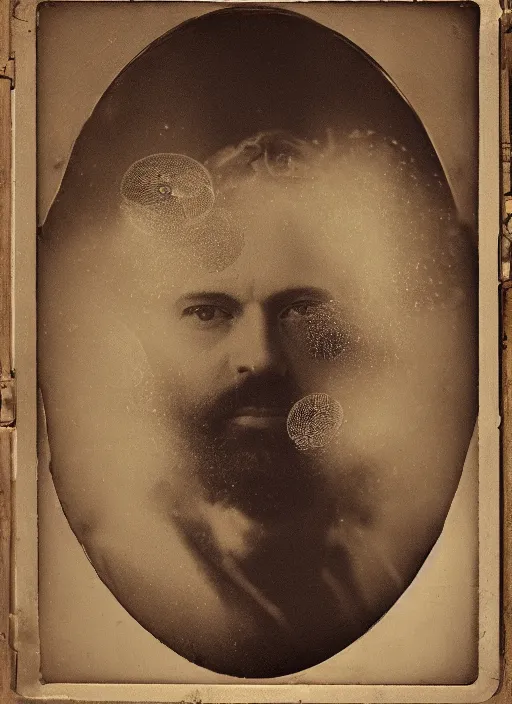 Prompt: old wetplate daguerreotype portrait, explosion of data fragments, thin micro fibers, fractal, intricate, elegant, highly detailed, parallax, leica, medium format, subsurface scattering, by jheronimus bosch and greg rutkowski and louis jacques mande daguerre