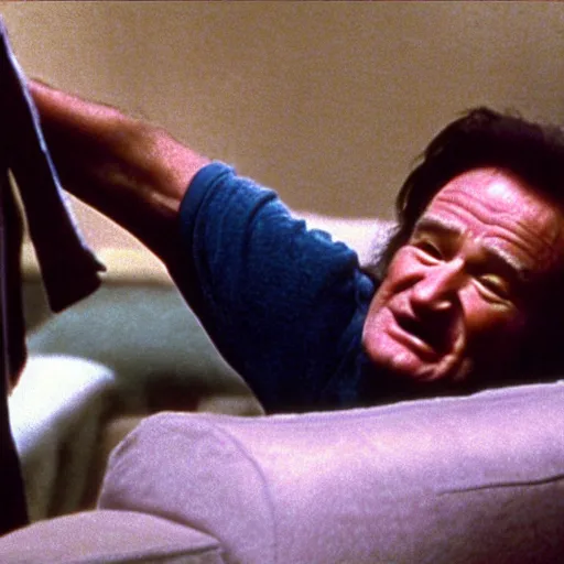 Image similar to robin williams as killer bob climbing over couch in twin peaks, scene from episode, 4 k, 1 9 9 0