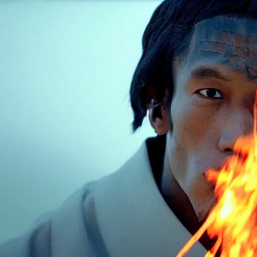 Image similar to cinematic film still of Young Thug starring as a Japanese Sensei with fire, Japanese CGI, VFX, 2003, 40mm lens, shallow depth of field, film photography