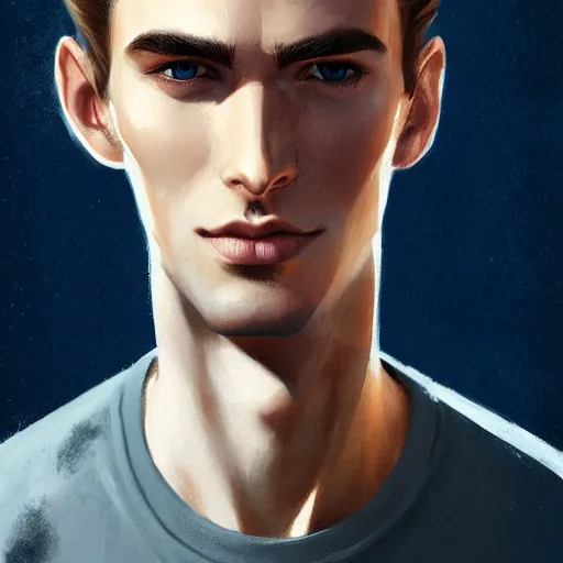 Image similar to tall man in his twenties with brown blond short quiff hair and round facial structure with cleft chin, straight eyebrows, slightly smiling, cheekbones, wider face, shadow of beard, atmospheric lighting, painted, intricate, 4 k, highly detailed by charlie bowater