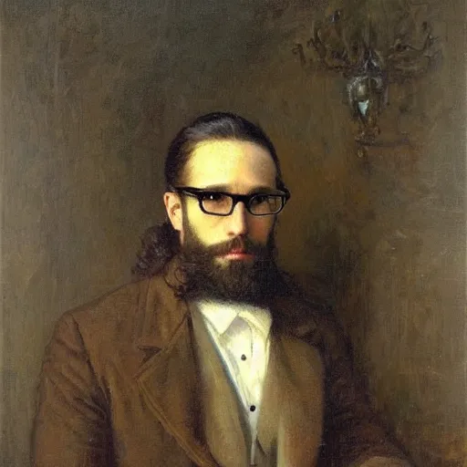 Prompt: portrait of a man with big glasses, realistic eyes, symmetric face, beautiful bone structure, beard, dark blonde long hair, painting by gaston bussiere